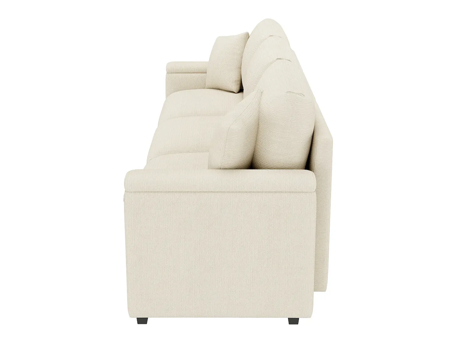 Sofá de 3 lugares em chenille bege - Almofadas, mesa de apoio dobrável, entradas USB e espaço para arrumação.