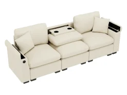Sofá de 3 lugares em chenille bege - Almofadas, mesa de apoio dobrável, entradas USB e espaço para arrumação.