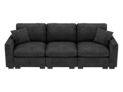 Sofá de 3 lugares em chenille cinzento - Almofadas, mesa de apoio dobrável, entradas USB e espaço para arrumação.
