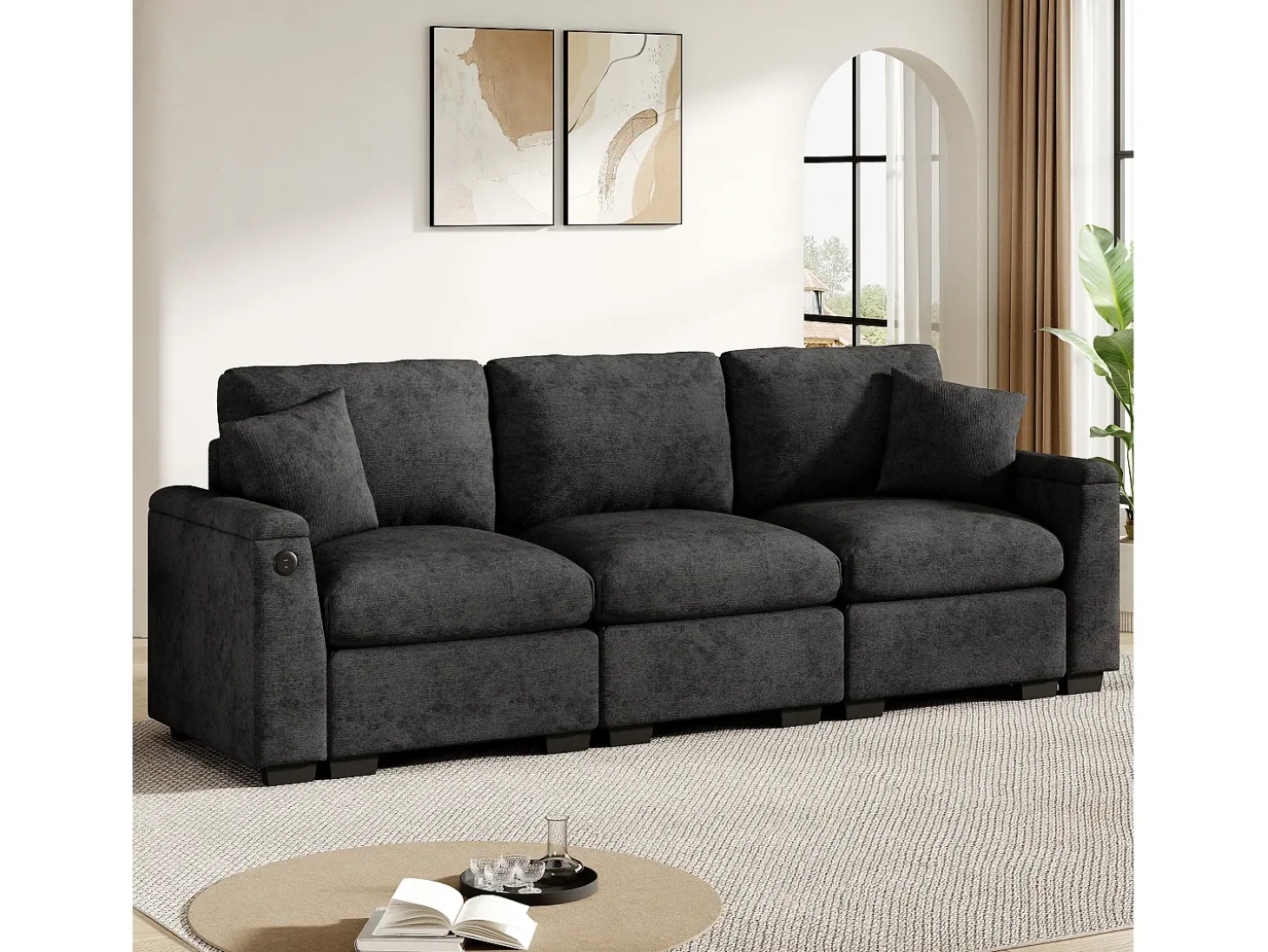 Sofá de 3 lugares em chenille cinzento - Almofadas, mesa de apoio dobrável, entradas USB e espaço para arrumação.