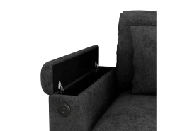 Sofá de 3 lugares em chenille cinzento - Almofadas, mesa de apoio dobrável, entradas USB e espaço para arrumação.