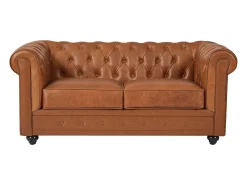 Sofá de 2 lugares em pele de vaca cor camel - CHESTERFIELD