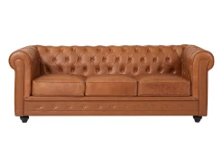 Sofá de 3 lugares em pele de vaca cor camel - CHESTERFIELD