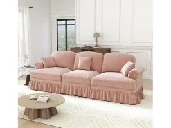 Sofá de 3 lugares em tecido chenille rosa - Com apoio lombar e saia plissada removível.