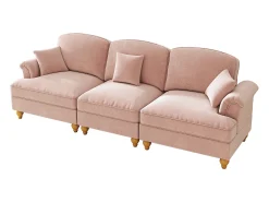 Sofá de 3 lugares em tecido chenille rosa - Com apoio lombar e saia plissada removível.