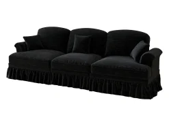 Sofá de 3 lugares em tecido chenille preto - Com apoio lombar e saia plissada removível.