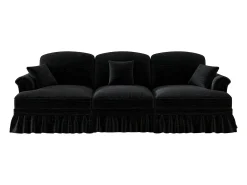 Sofá de 3 lugares em tecido chenille preto - Com apoio lombar e saia plissada removível.