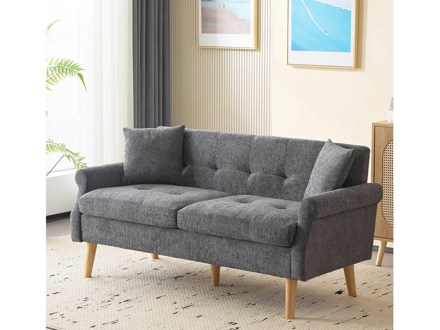 Sofá de 2 lugares em tecido chenille com almofadas grossas - 162 x 74 x 77 cm - para sala de estar, quarto - Cinza claro
