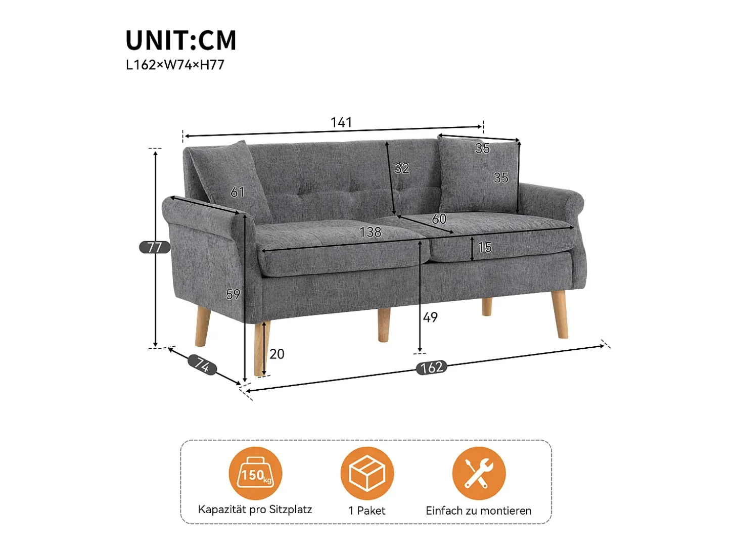 Sofá de 2 lugares em tecido chenille com almofadas grossas - 162 x 74 x 77 cm - para sala de estar, quarto - Cinza claro