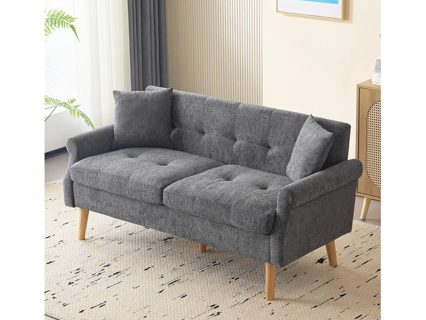 Sofá de 2 lugares em tecido chenille com almofadas grossas - 162 x 74 x 77 cm - para sala de estar, quarto - Cinza claro