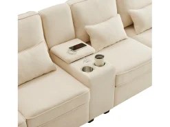 Sofá de 4 lugares em tecido de linho com consola, suporte para copos, porta USB, bege