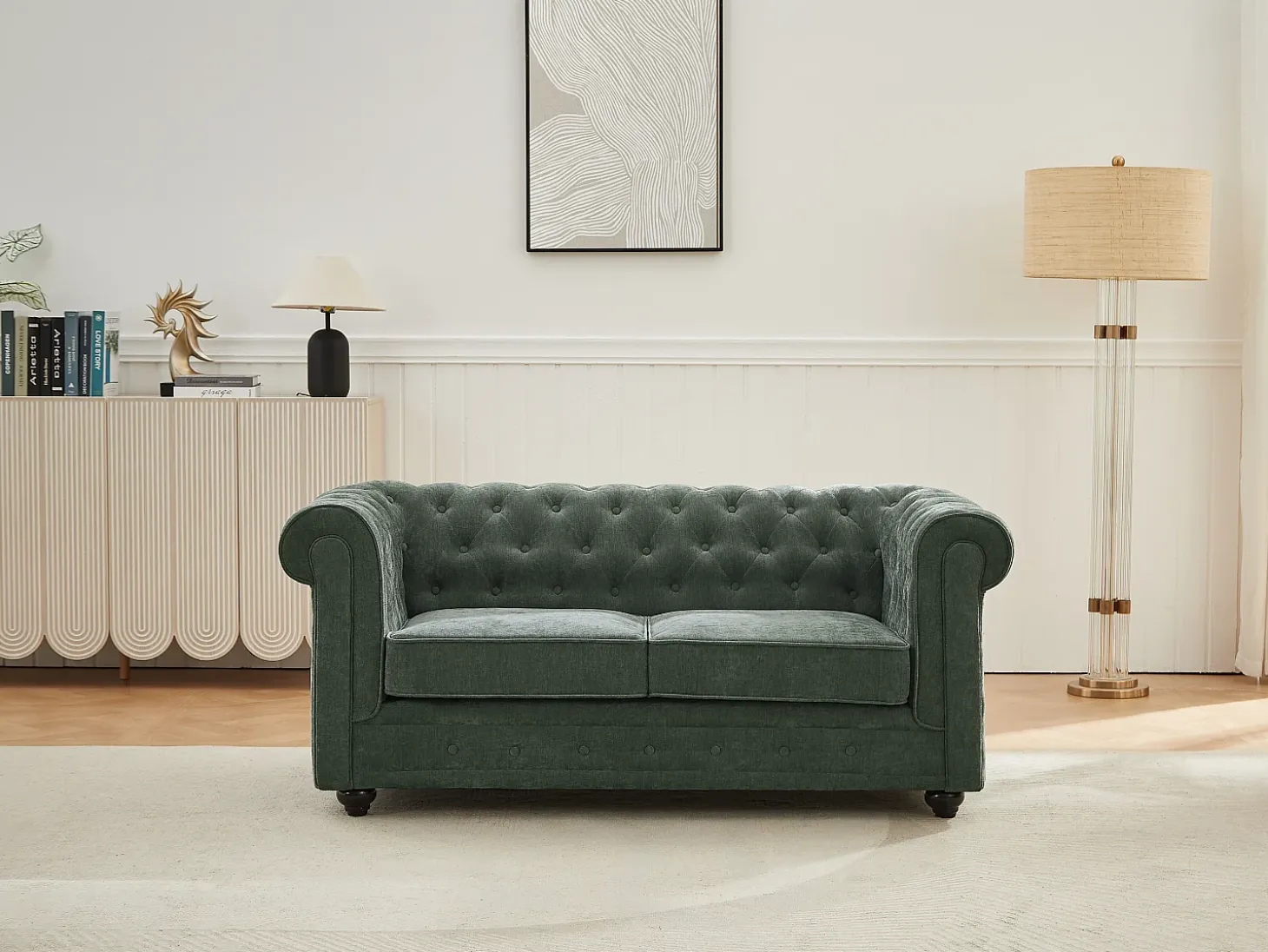 Sofá de 2 lugares em tecido de cor verde CHESTERFIELD