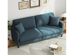 Sofá de 3 lugares em Teddy Velvet, sofá de conforto à direita em madeira maciça, amossa com apoios de braços, 193x79x89cm, azul-cinza-cinza