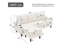 Sofá de 3 lugares estofado - com portas USB e Type-C - com dois porta-copos - Sofá-cama em L - Bege