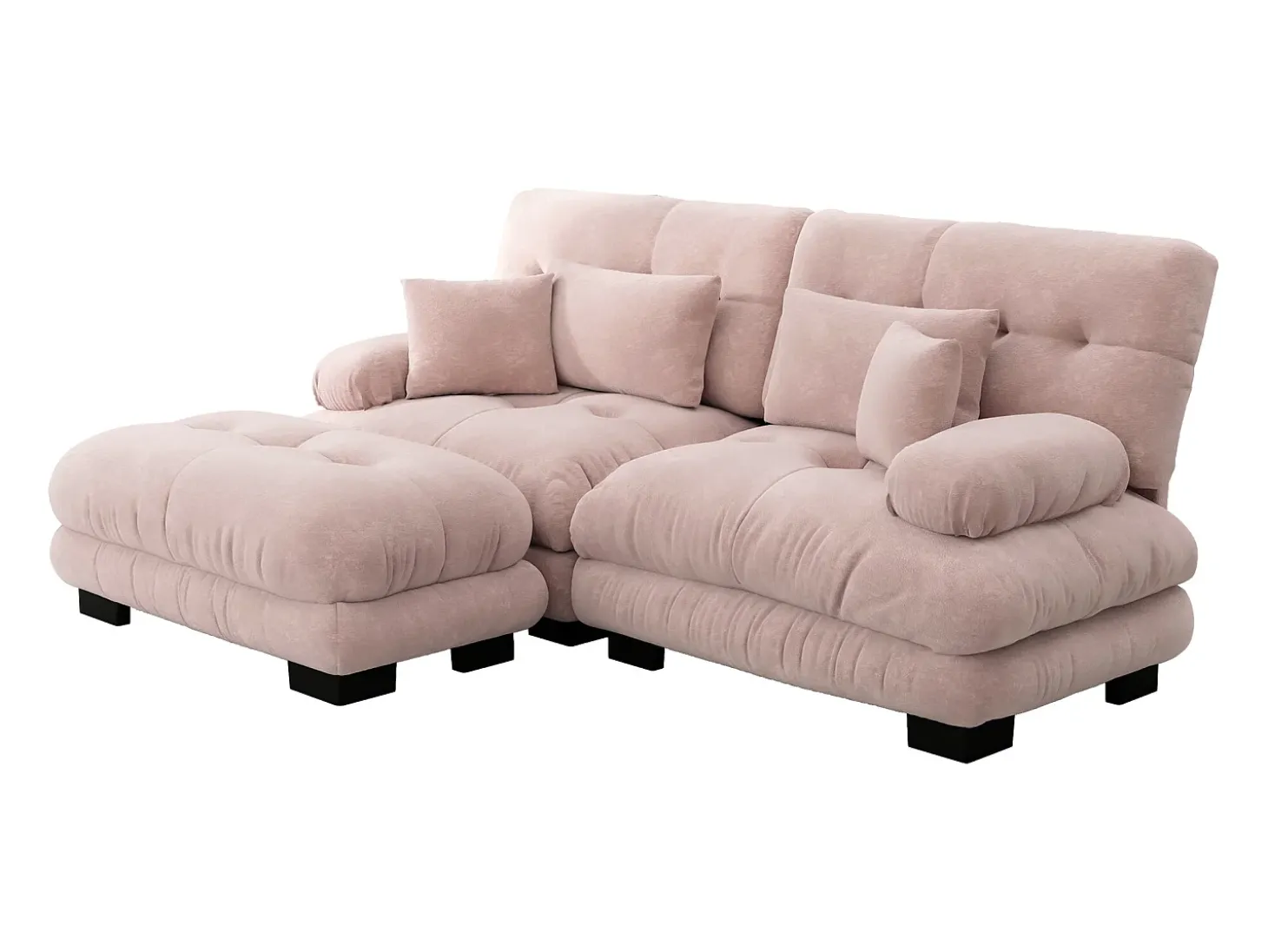 Sofá de 2 lugares rosa - Sofá de canto com 2 almofadas lombares e 2 almofadas decorativas - Apoios de Braços e Apoio para os Pés - Chenille