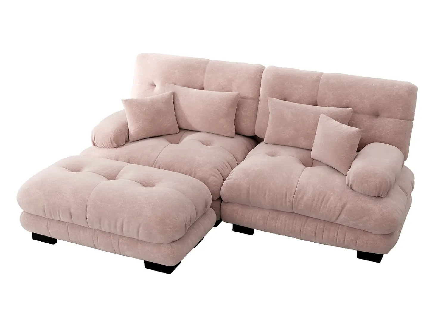 Sofá de 2 lugares rosa - Sofá de canto com 2 almofadas lombares e 2 almofadas decorativas - Apoios de Braços e Apoio para os Pés - Chenille