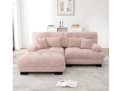 Sofá de 2 lugares rosa - Sofá de canto com 2 almofadas lombares e 2 almofadas decorativas - Apoios de Braços e Apoio para os Pés - Chenille