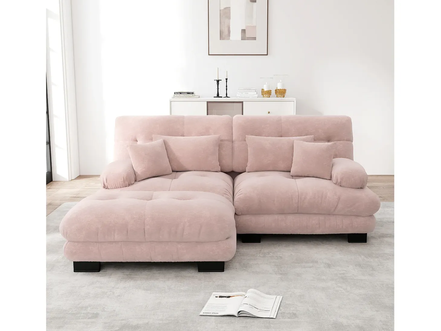 Sofá de 2 lugares rosa - Sofá de canto com 2 almofadas lombares e 2 almofadas decorativas - Apoios de Braços e Apoio para os Pés - Chenille