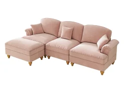 Sofá de 3 lugares rosa com apoio lombar - Apoio para os pés móvel - Tecido chenille