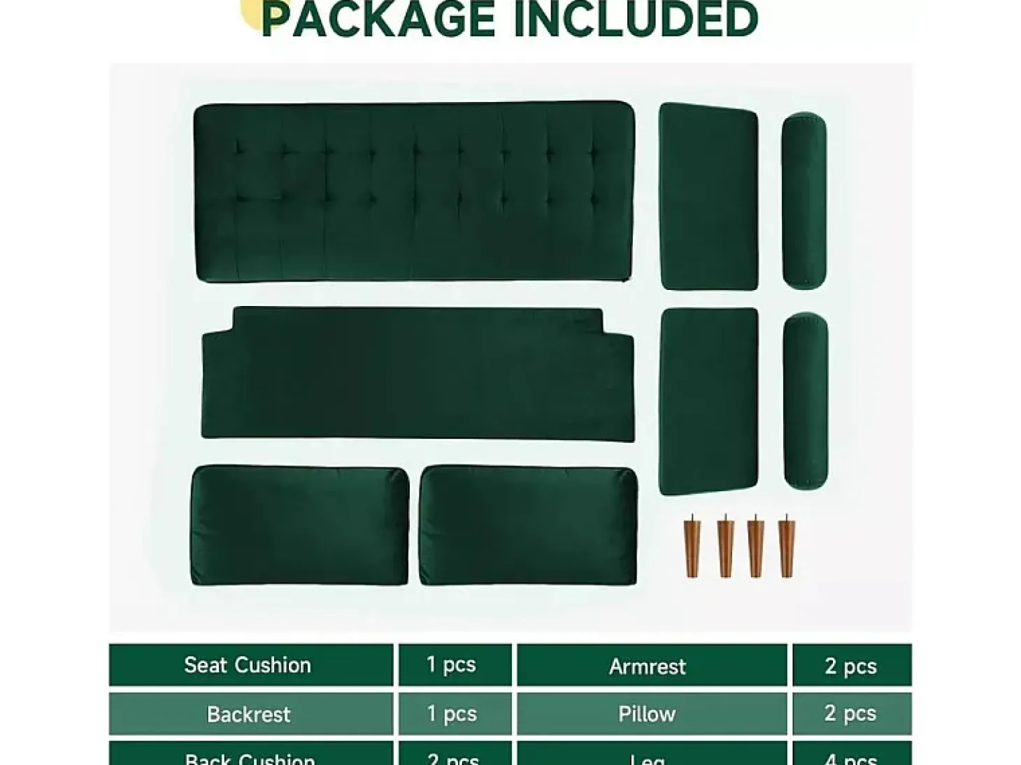 Sofá de 2 -Setente em veludo verde, sofá moderno da sala de estar, com apoios de braços e pés cônicos, uma região lombar - 148,5x78x85cm