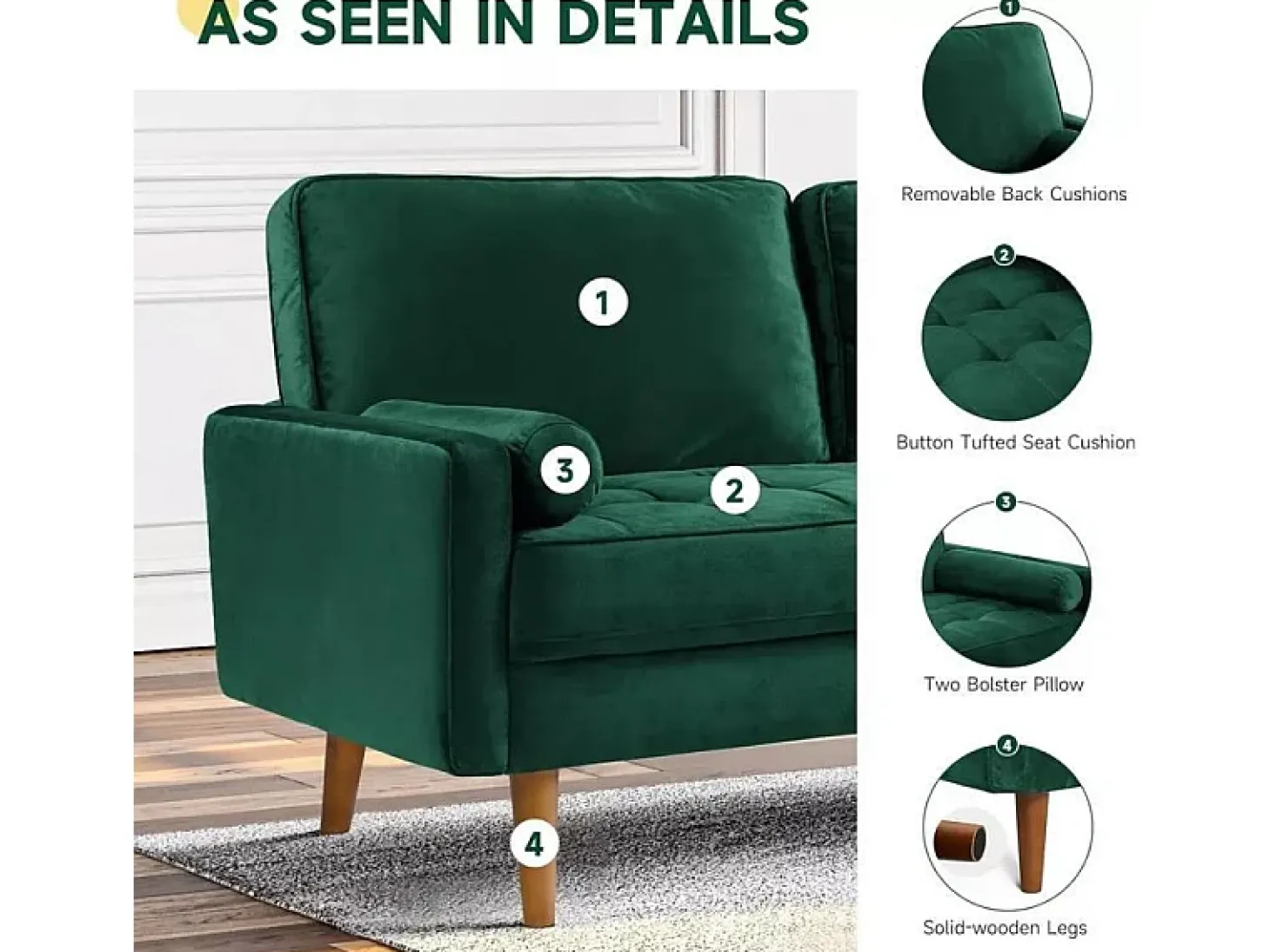 Sofá de 2 -Setente em veludo verde, sofá moderno da sala de estar, com apoios de braços e pés cônicos, uma região lombar - 148,5x78x85cm