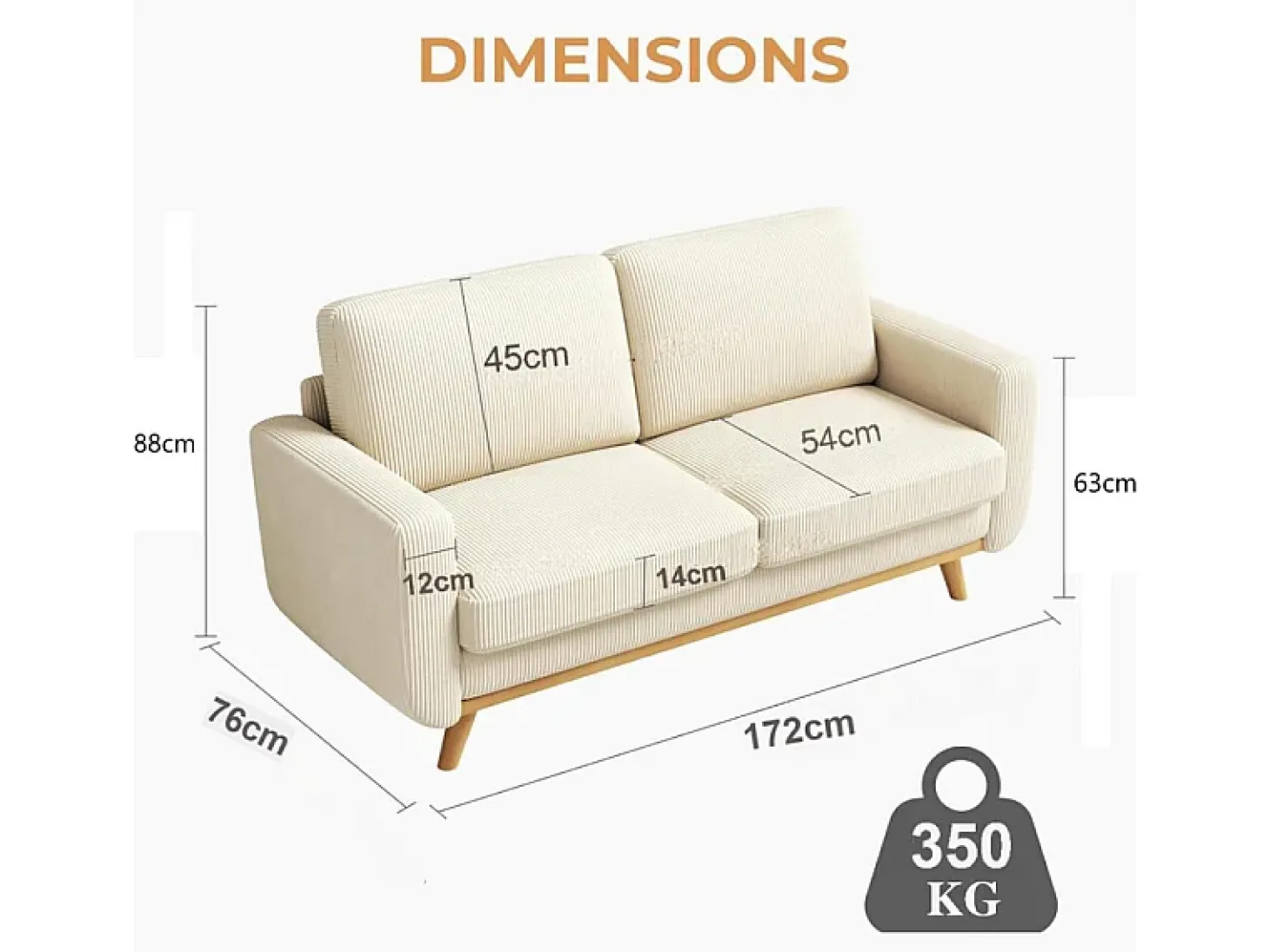 Sofá de 2 -Setente, sofá de madeira maciça, com assento profundo extra, assento com encosto acolchoado - 172x76x88cm