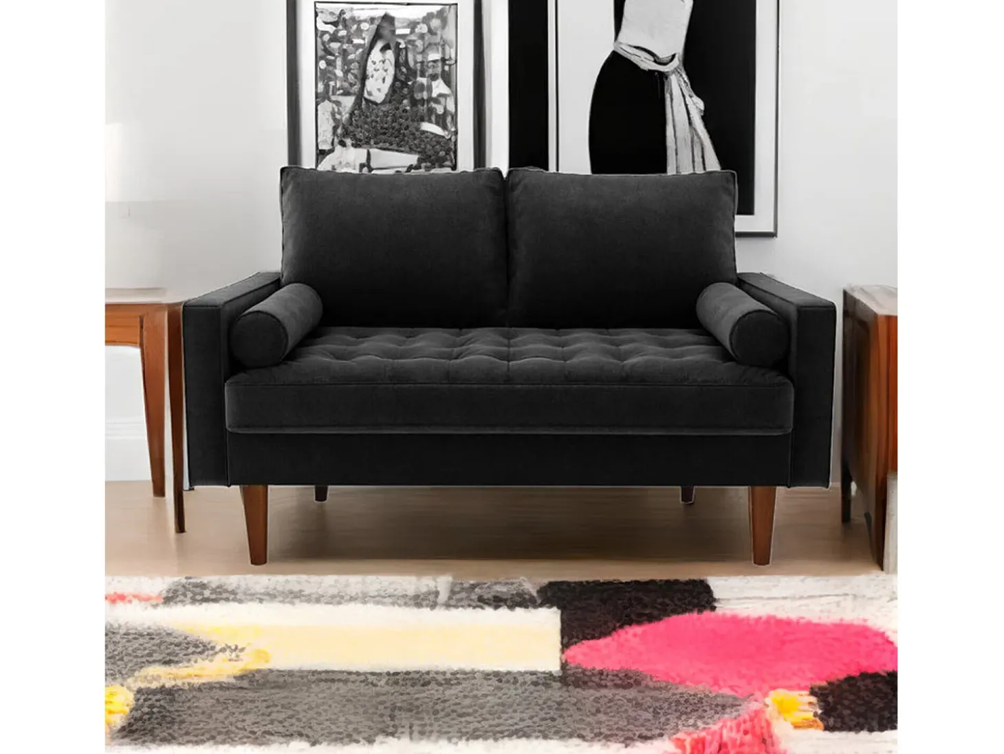 Sofá de 2 -Setter - com 2 almofadas - em veludo - pés de madeira - para quarto, sala de estar - 142x76x69cm - preto