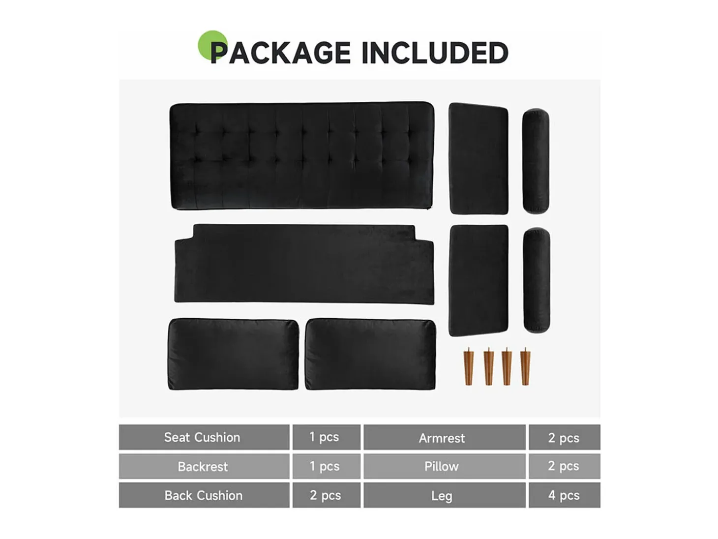 Sofá de 2 -Setter - com 2 almofadas - em veludo - pés de madeira - para quarto, sala de estar - 142x76x69cm - preto