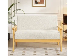 Sofá de 2 -Sofá moderno da sala de estar, em Teddy Fleece, cenário de madeira, bege, 107x60x76cm