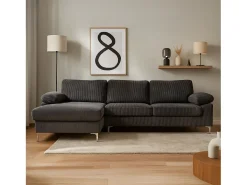 Sofá de canto 4-5 lugares com chaise longue esquerda em veludo cotelê cinza antracite GALWAY