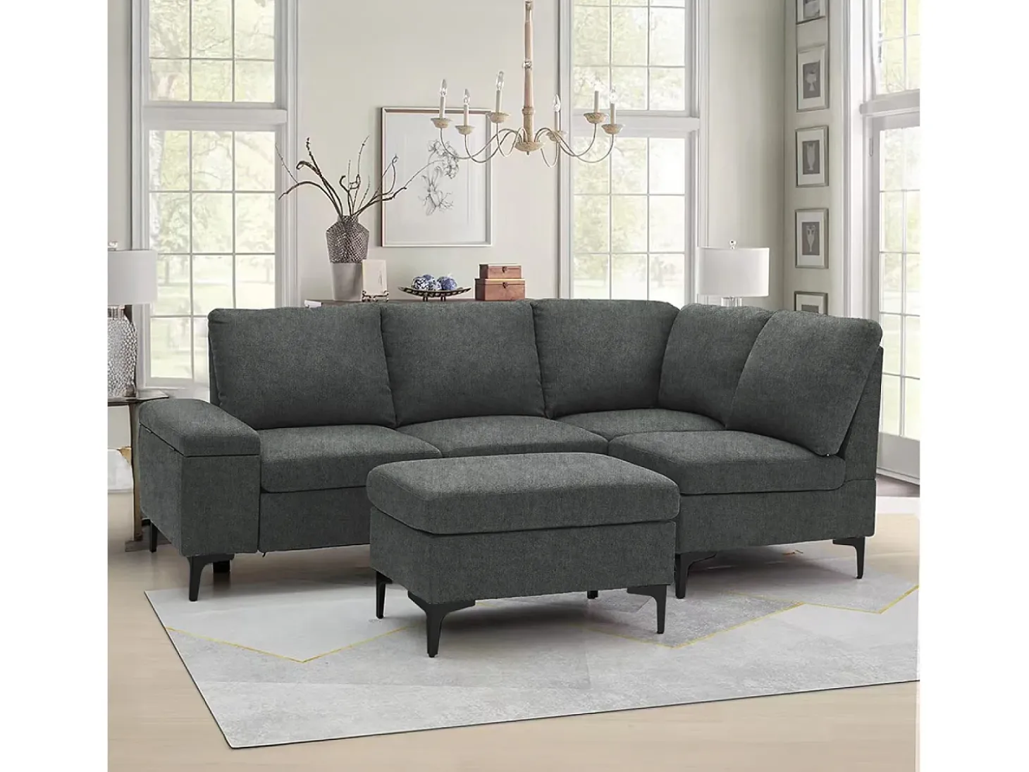 Sofá de canto 4/5 lugares em chenille cinza antracite com pufe KONEKT 3 lugares - Confortável, modular e elegante