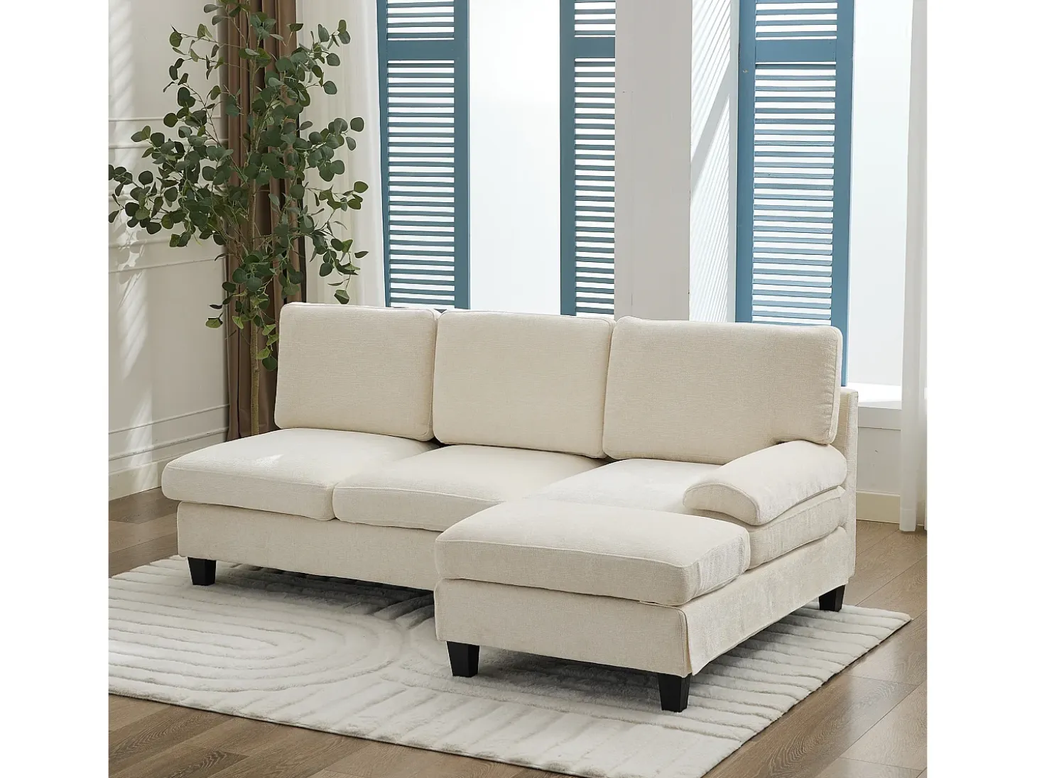 Sofá de canto 3 lugares em forma de L - 194x118x81 cm - Modular - Almofadas macias - Linho - Bege