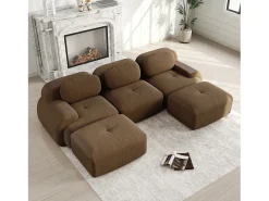 Sofá de canto 3 lugares modular - em Veludo cotelê - com 3 almofadas e 2 puffs - 298x178x70cm - Marrom
