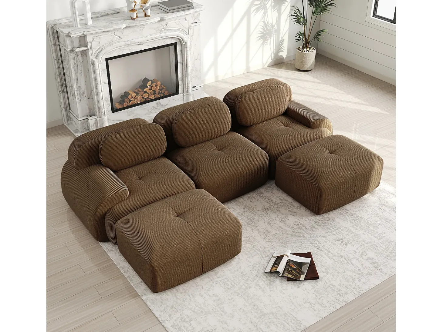 Sofá de canto 3 lugares modular - em Veludo cotelê - com 3 almofadas e 2 puffs - 298x178x70cm - Marrom
