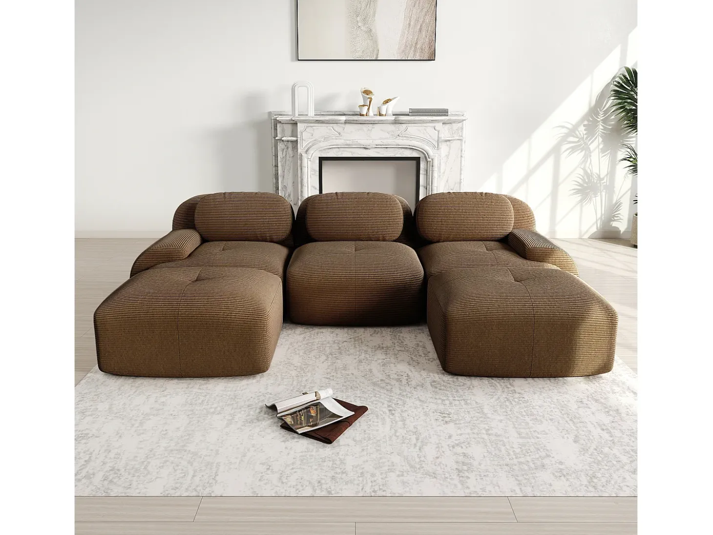 Sofá de canto 3 lugares modular - em Veludo cotelê - com 3 almofadas e 2 puffs - 298x178x70cm - Marrom