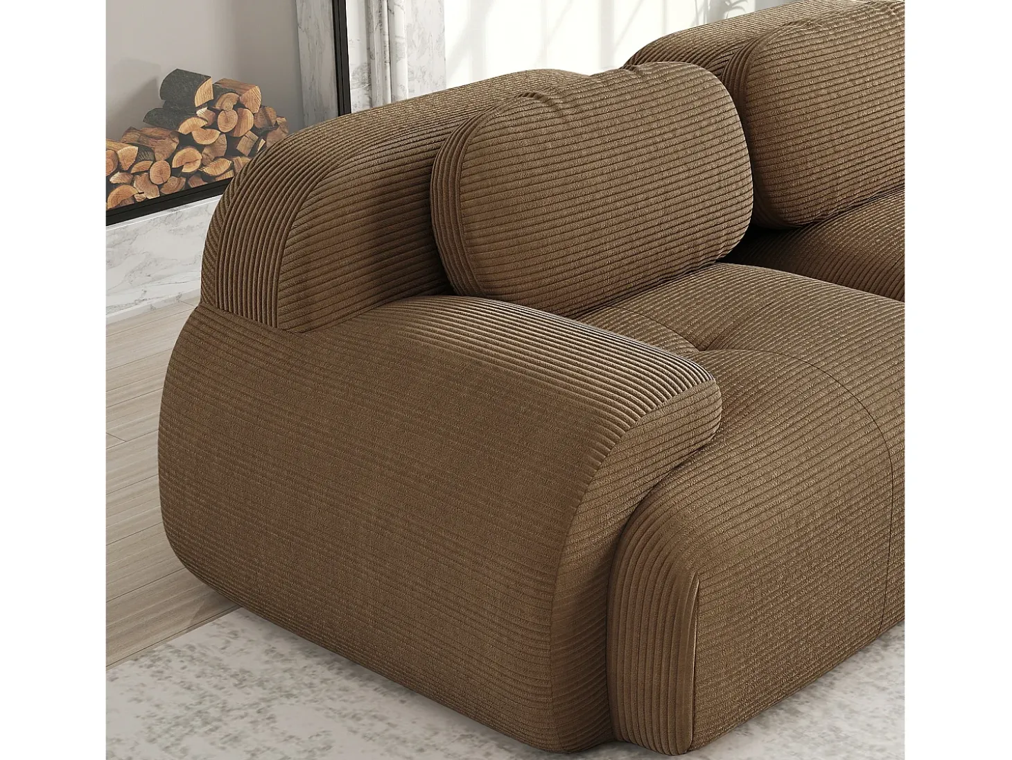 Sofá de canto 2 lugares modular - em Veludo cotelê - com 2 almofadas e puff - ergonômico - 208x178x70cm - Marrom