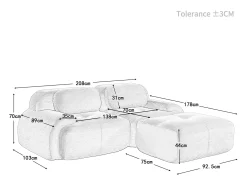 Sofá de canto 2 lugares modular - em Veludo cotelê - com 2 almofadas e puff - ergonômico - 208x178x70cm - Marrom