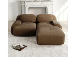 Sofá de canto 2 lugares modular - em Veludo cotelê - com 2 almofadas e puff - ergonômico - 208x178x70cm - Marrom