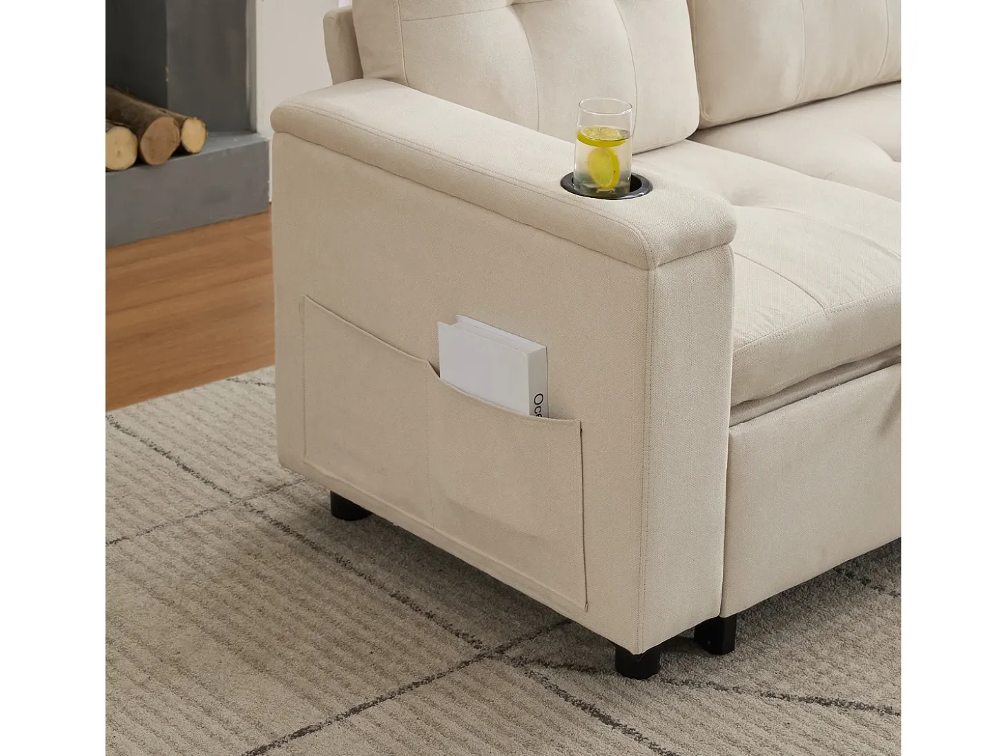 Sofá de canto 3 lugares 208x146x89,5 cm - Dobrável - com iluminação LED - com porta-copos e saco de armazenamento - Bege