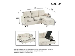Sofá de canto 3 lugares 208x146x89,5 cm - Dobrável - com iluminação LED - com porta-copos e saco de armazenamento - Bege