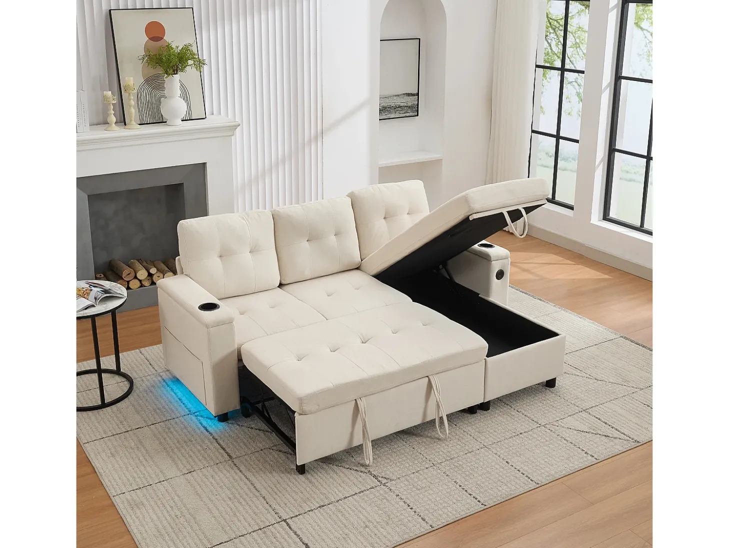 Sofá de canto 3 lugares 208x146x89,5 cm - Dobrável - com iluminação LED - com porta-copos e saco de armazenamento - Bege