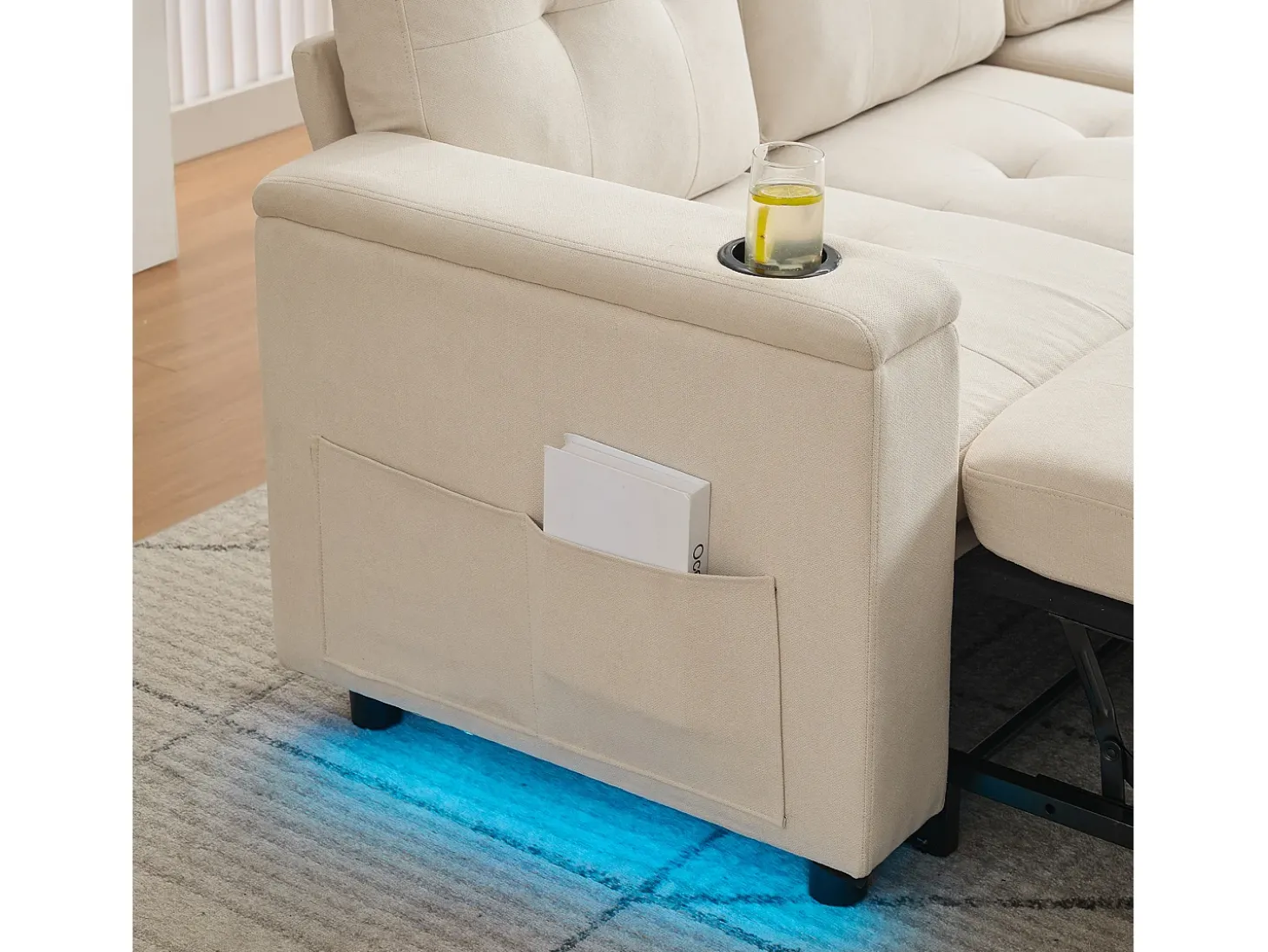 Sofá de canto 3 lugares 208x146x89,5 cm - Dobrável - com iluminação LED - com porta-copos e saco de armazenamento - Bege