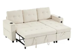 Sofá de canto 3 lugares 208x146x89,5 cm - Dobrável - com iluminação LED - com porta-copos e saco de armazenamento - Bege