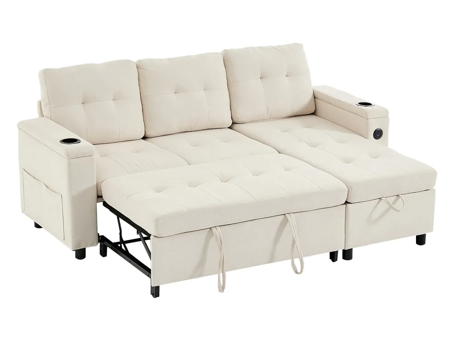 Sofá de canto 3 lugares 208x146x89,5 cm - Dobrável - com iluminação LED - com porta-copos e saco de armazenamento - Bege