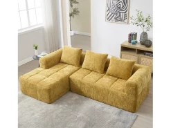 Sofá de canto amarelo - com bolsas de arrumação e 3 almofadas - chenille - com chaise longue e braços