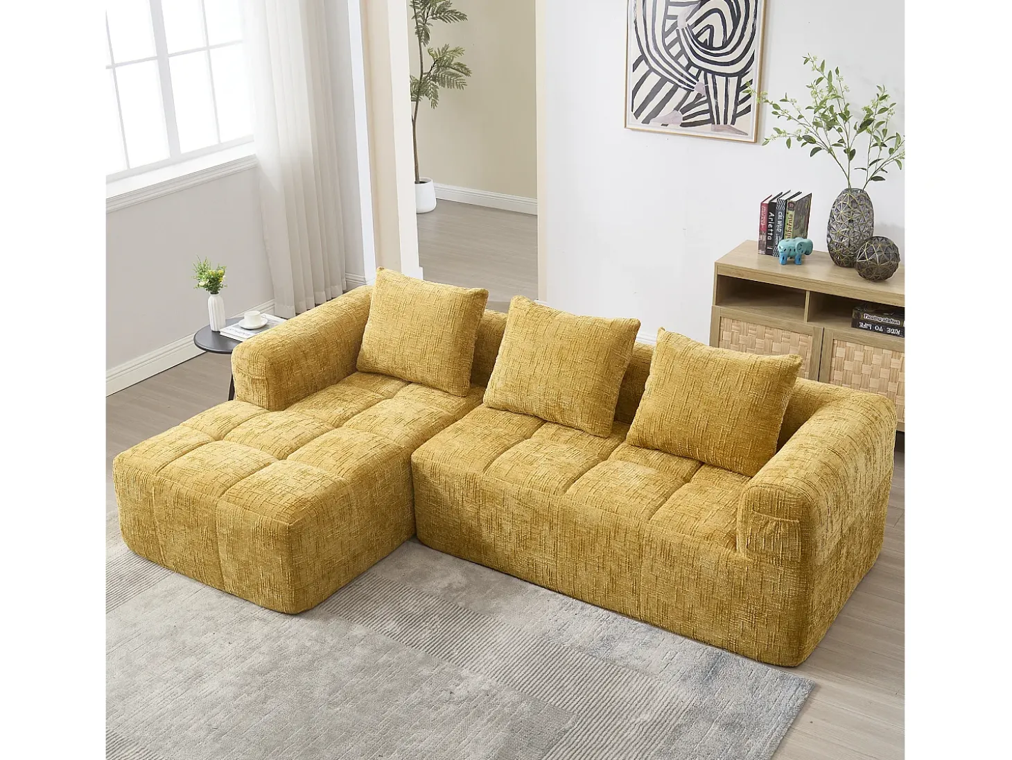 Sofá de canto amarelo - com bolsas de arrumação e 3 almofadas - chenille - com chaise longue e braços