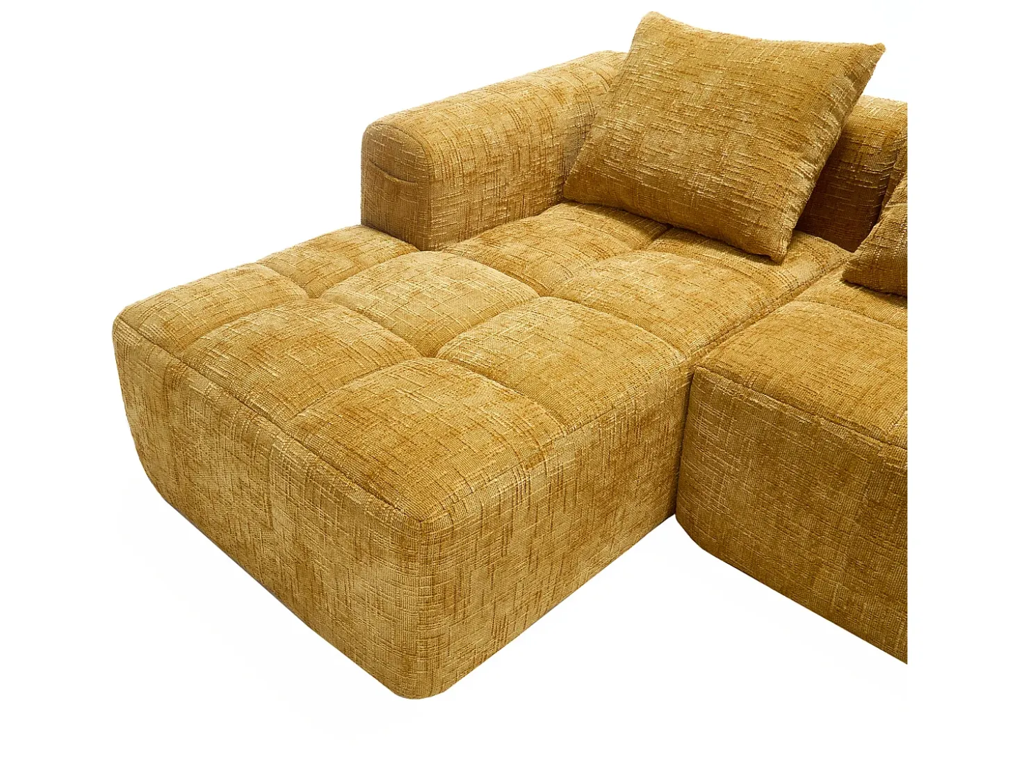 Sofá de canto amarelo - com bolsas de arrumação e 3 almofadas - chenille - com chaise longue e braços