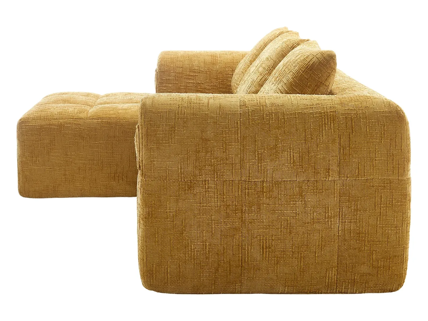 Sofá de canto amarelo - com bolsas de arrumação e 3 almofadas - chenille - com chaise longue e braços