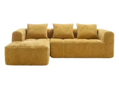 Sofá de canto amarelo - com bolsas de arrumação e 3 almofadas - chenille - com chaise longue e braços