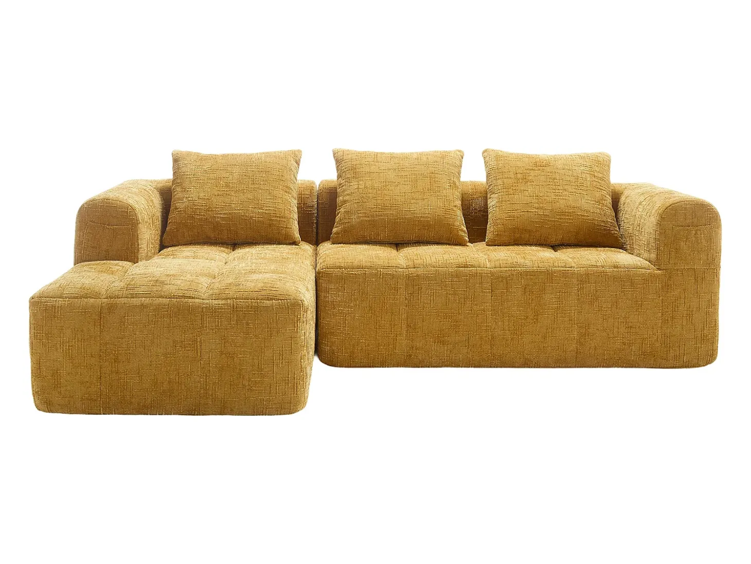 Sofá de canto amarelo - com bolsas de arrumação e 3 almofadas - chenille - com chaise longue e braços